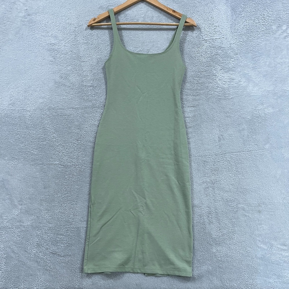 Zara Bodycon Tank Dress Womens S Green Scoop Neck Split Hem Ribbed‎ Minimalist